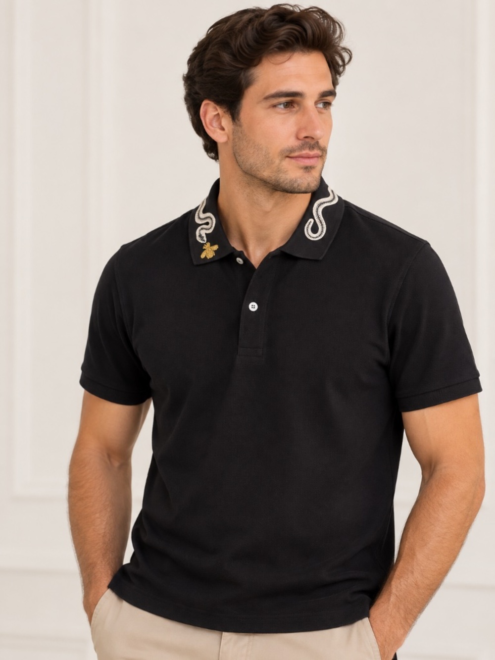 Gucci Men’s Black Embroidered Snake & Bee Polo Shirt Size M